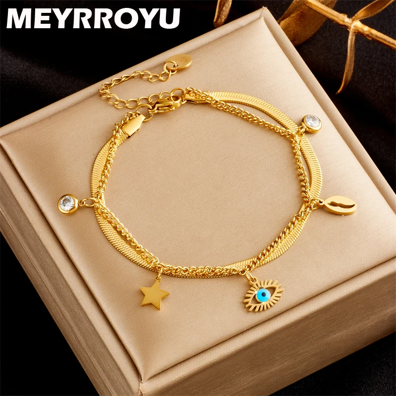 

MEYRROYU 316 Stainless Steel New Vintage Star Blue Eyes Pendant Charm Bracelet For Women Jewelry Party Gifts Bijoux Accessories