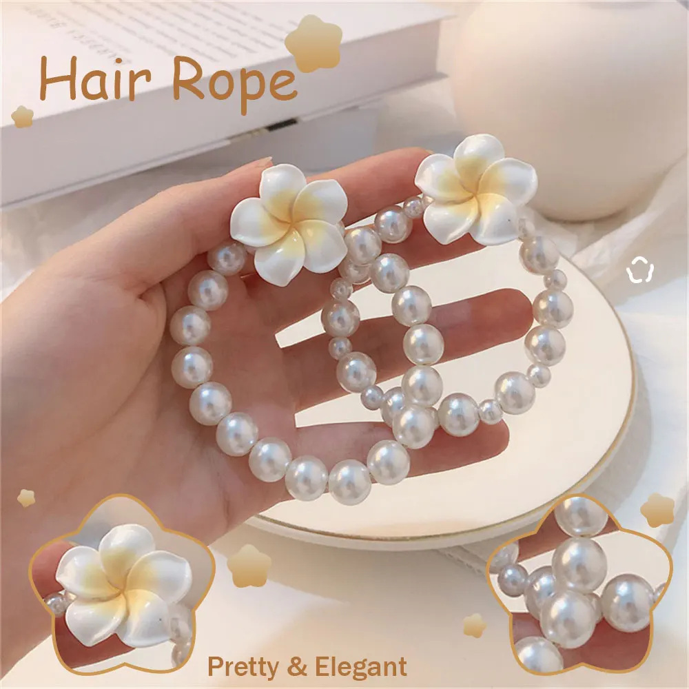 

Delicate Frangipani Imitation Pearl Hair Rope Pretty Tropical Flower Vacation Style Hair Accessories Fashion Elastic Scrunchy