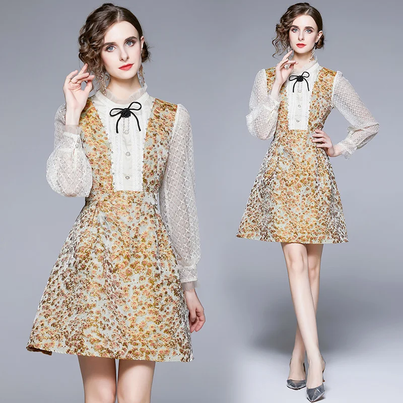 

Young Gee Women Temperament Dress White Lace Long Sleeve high-end Jacquard Embroidery Floral Mini Dresses vestidos de fiesta