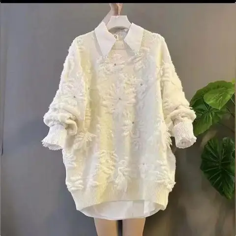 Женский трикотажный свитер Harajuku, трикотажный пуловер с трехмерными цветами и инкрустацией стразами, Осень-зима