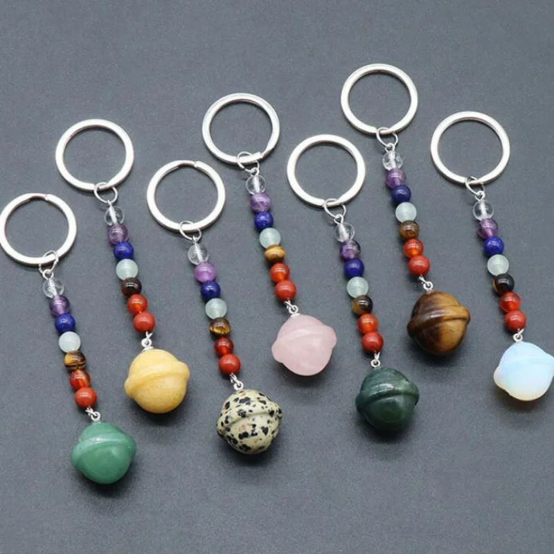 

12pcs Natural Crystal Stone Key Ring 7 Color Chakra Beads Planet Shape Keychain Bag Pendant Car Decor Key Chain Keyholder