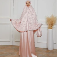 fashion muslim suit pink embroidered lace fashion abaya suit france italy ramadan prayer women hijab suit islamic ethnic dress