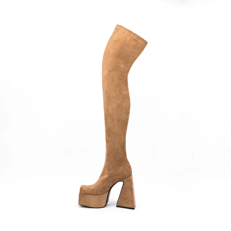 

MKKHOU Fashion Over-the-knee Boots Women New Suede Square-toe Thick-Soled Boots Shaped Heel 11cm High-Heeled Long Boots