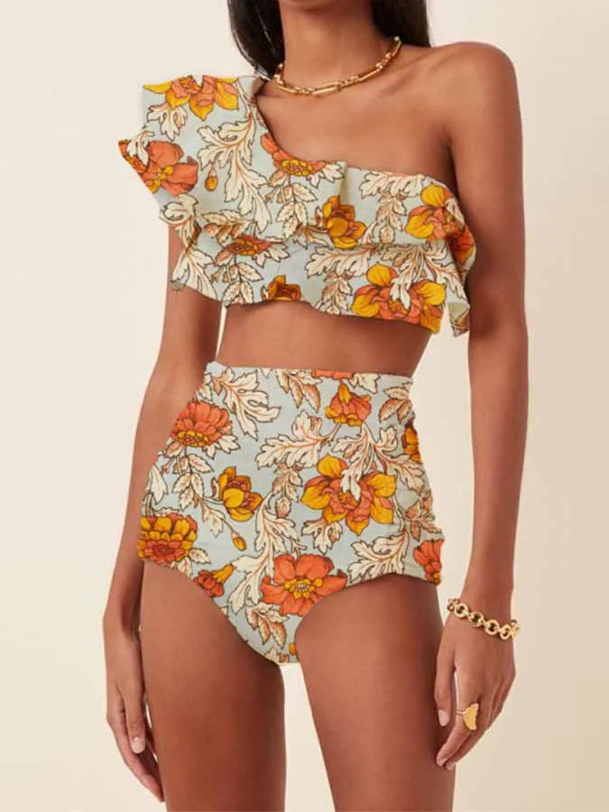 

2022 New One Shoulder Ruffle Flower Print Fashion Bikini Two Piece Elegant Slim Swimsuit Backless High Waist Seamless Splicing