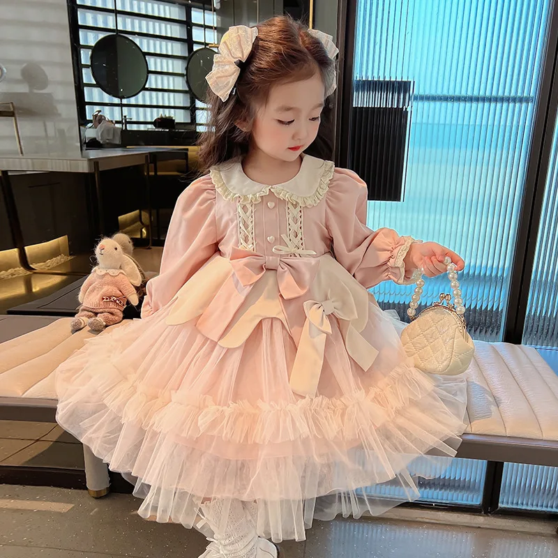

Baby Girl Dress Spring Autumn Vintage Spanish Pompom Ball Gown Princess Lolita Dress Children Girl Birthday Party Eid Dress