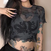 2022 sexy womens dragon screen short sleeve t shirt hot girl perspective round neck wood ear edge exposed navel short sleeve