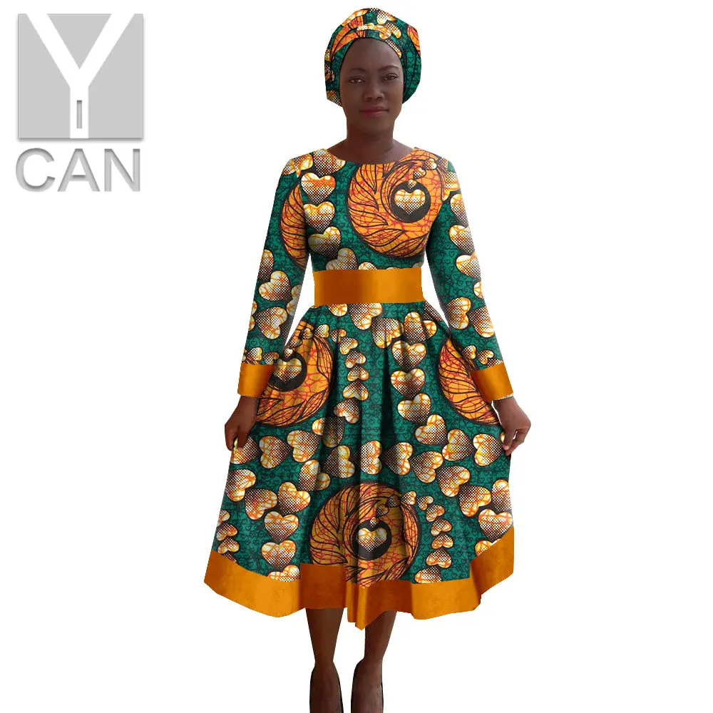 African Dresses for Women Dashiki Ankara Print Tutu Maxi A-line Skirt with Turban Headwrap Casual Style Clothing A2025007