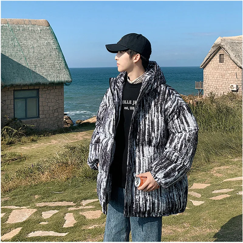 Winter Jacket Men Warm Fashion Retro Striped Thickening Jacket Men Streetwear Loose Short Coat Mens Parker Large Size M-5XL