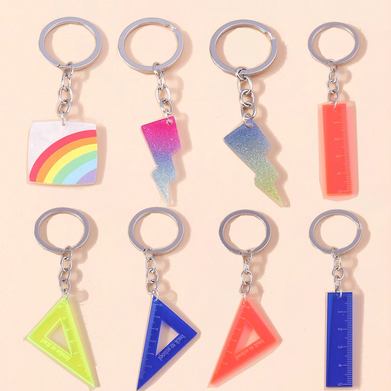 

Pretty Geometric Rulers Keychain Flash Rainbow Keyrings for Women Men Car Key Holder Handbag Pendant DIY Jewelry Gifts