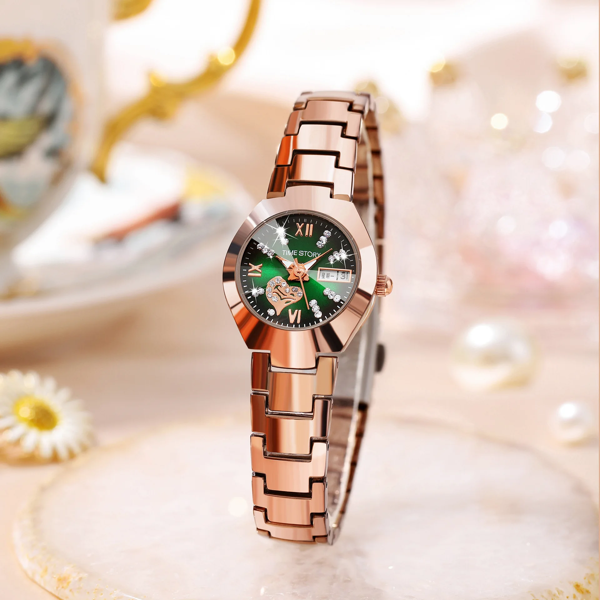 Fashion explosion women's hot selling heart drill face double calendar women's waterproof quartz watch