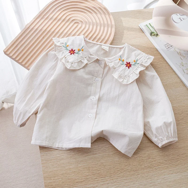 

Рубашки для девочек, Осенние новые рубашки для девочек, весна и осень, вышитая кукла, воротник, Детские рубашки, блузка