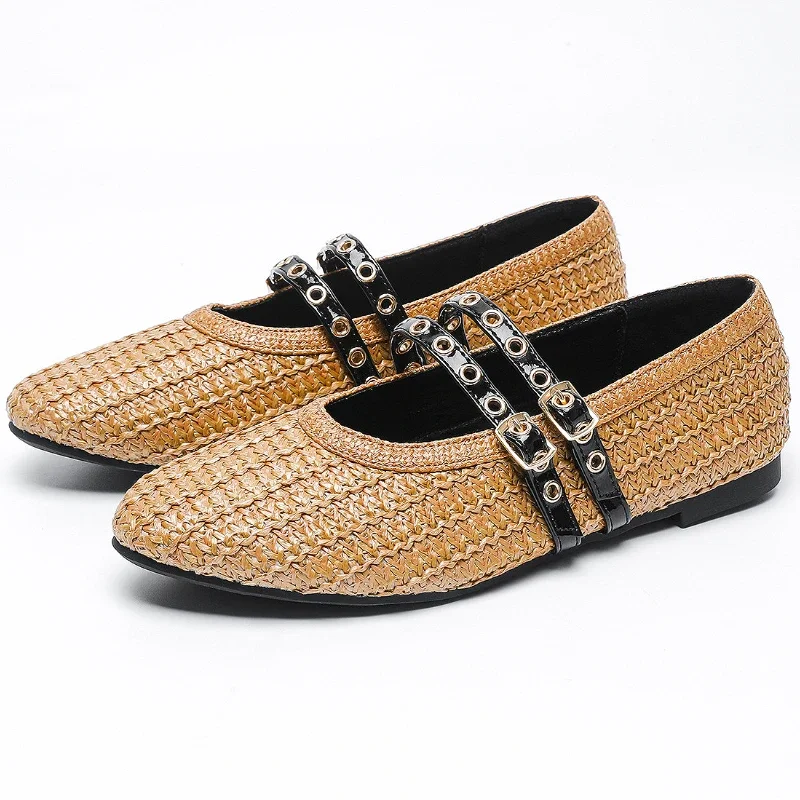 Плетеные туфли Мэри Джейн на плоской подошве женские с пряжкой ремне и круглым