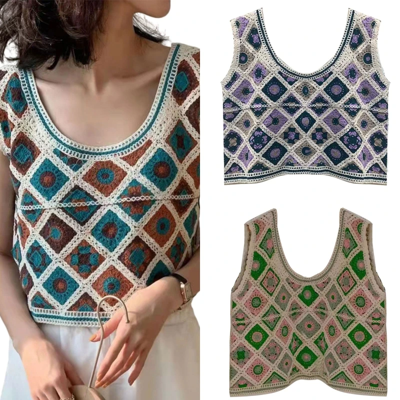 

Женский вязаный крючком вязаный укороченный топ без рукавов для майки с вышивкой контрастного цвета Argyle Diamond Plaid Loose