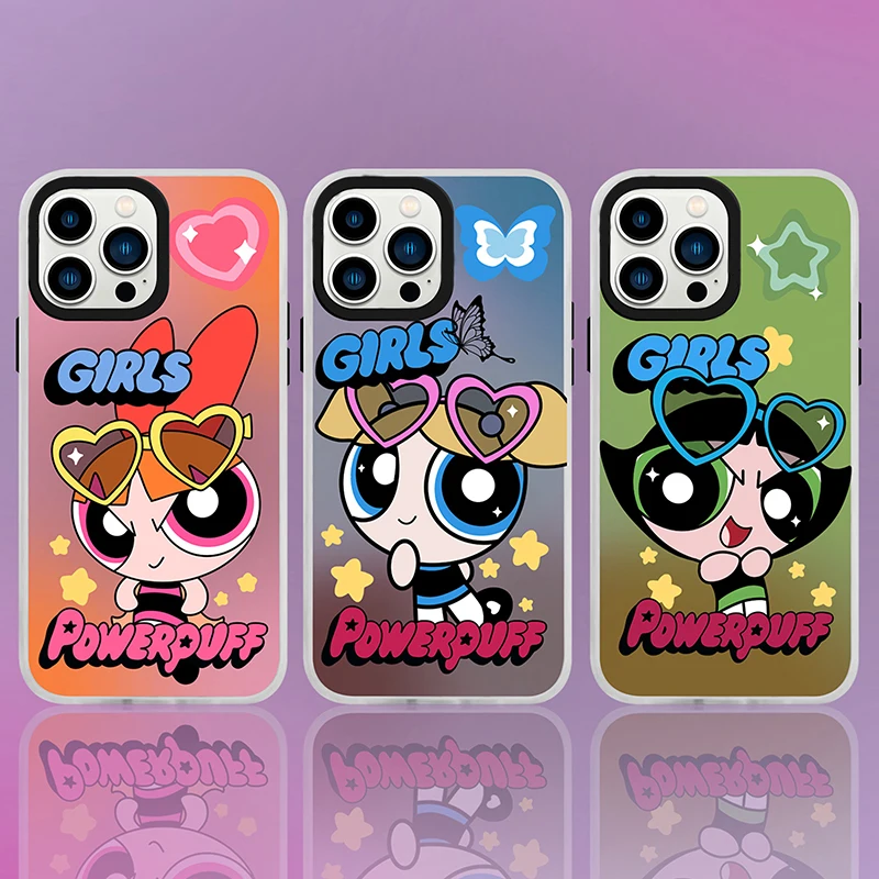 Anime Cartoon Cute Powerpuff Girls Luxury Laser Toys Phone Cases For iPhone 13 12 11 Pro Max Anti-drop Soft Back Cover Girl Gift