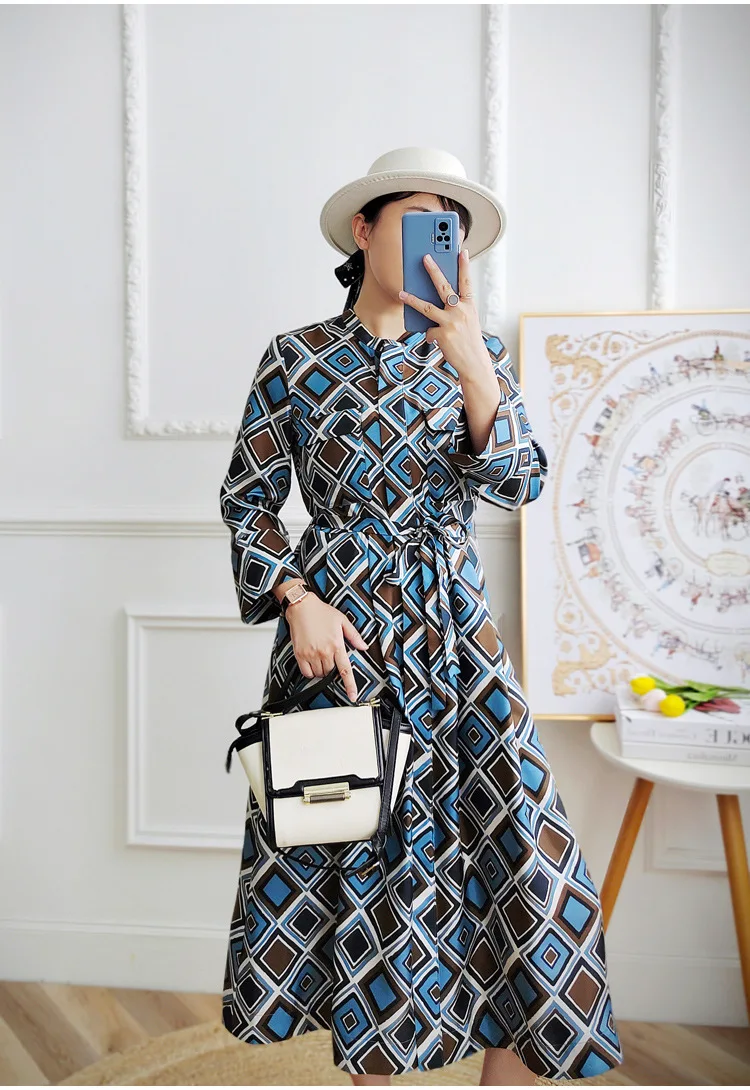 

Thickened 18 Mumme Silk Dress Women A-word Waist Slim Rhombus Printed Mulberry Silk 2022 Spring Autumn New