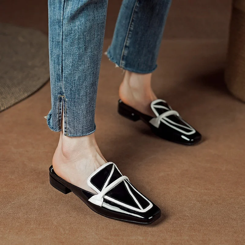 ZVQ Good Quality Slippers Woman Square Toe Thick Low Heel Summer New Style Full Genuine Leather Strap Decoration Casual Shoes