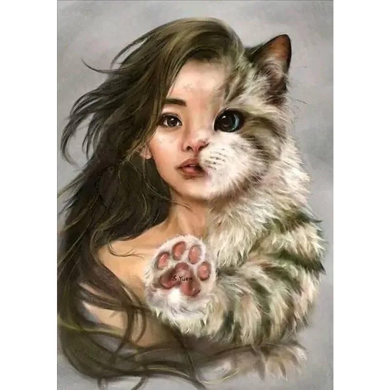 5D DIY Diamond Painting Girl and Cat Art Rhinestone Picture Full Square/Round Diamond Embroidery Mosaic Decoration Gift