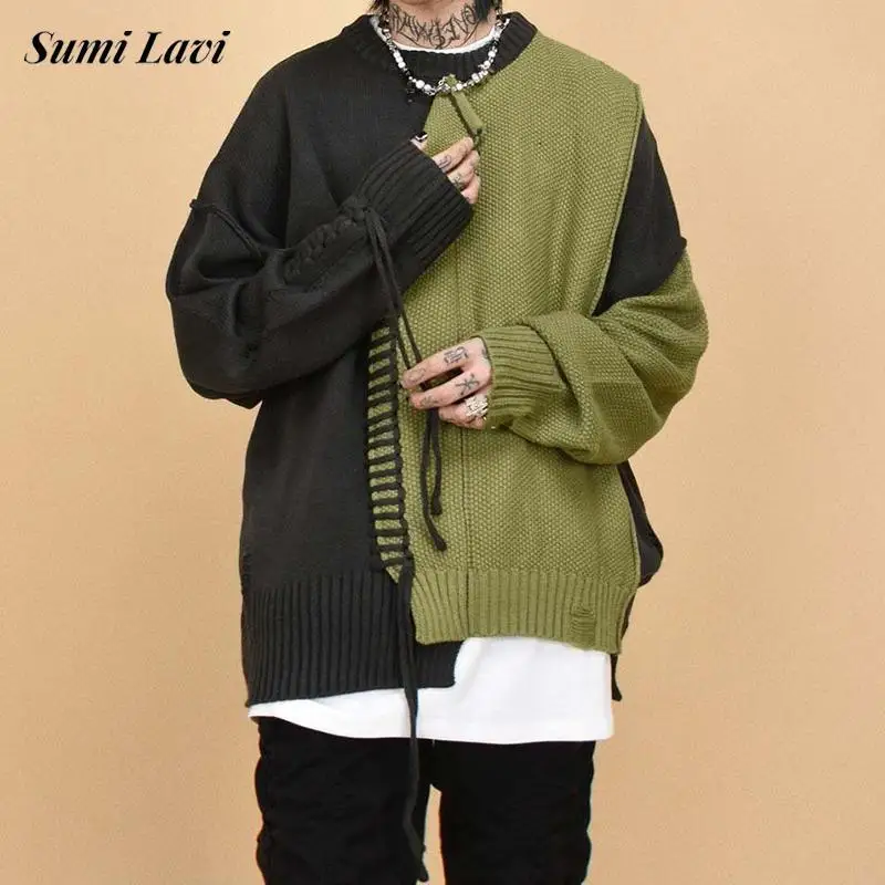 

Свитер Y2K мужской на шнуровке, дизайнерский пуловер с длинным рукавом и круглым вырезом, модный свитер в стиле пэчворк, винтажный джемпер с круглым вырезом, на осень