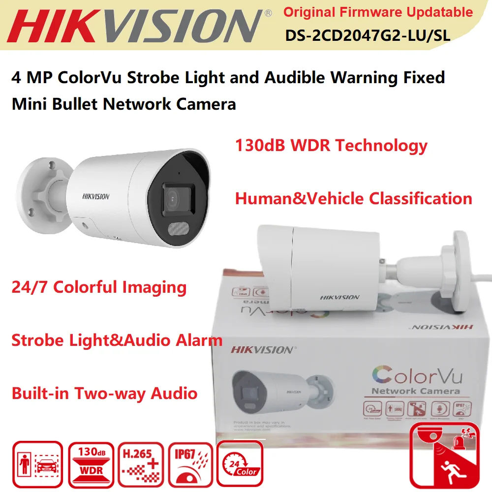 

Hikvision Original IP Camera DS-2CD2047G2-LU/SL 4MP Mini Bullet ColorVu Strobe Light &Audible Warning Built-in Two-way Audio