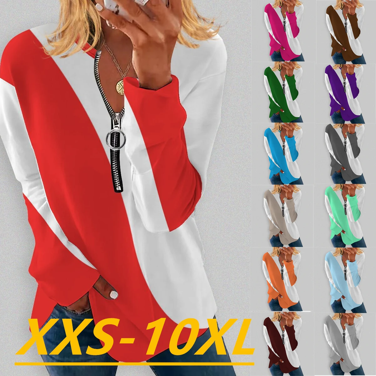 

Осень/Зима 2022 Модный женский топ с геометрическим принтом на молнии с круглым вырезом и длинным рукавом в повседневном стиле большого разме...