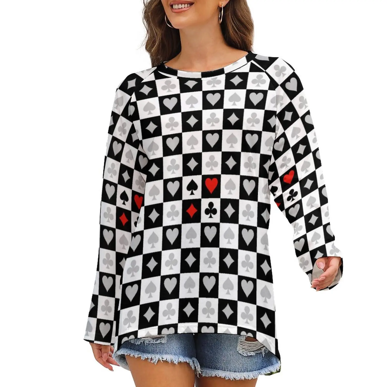 

Футболка с рисунком сердца, уличная одежда для покера, забавная женская футболка с графическим рисунком, футболка с длинным рукавом