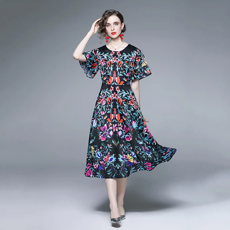 

2022 Summer Floral Holiday Beach Dresses New Arrival Elegant Women O Neck Flare Short Sleeve Flower Printed Black Midi Vestidos