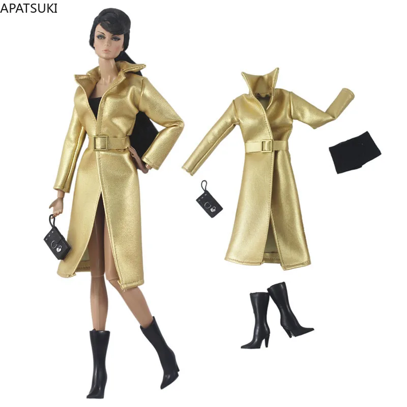 

Golden Leather Clothes Set For Barbie Doll Outfits Fashion Long Jacket Trenchcoat Belt Top Boots Purse 1/6 Dolls Accessories