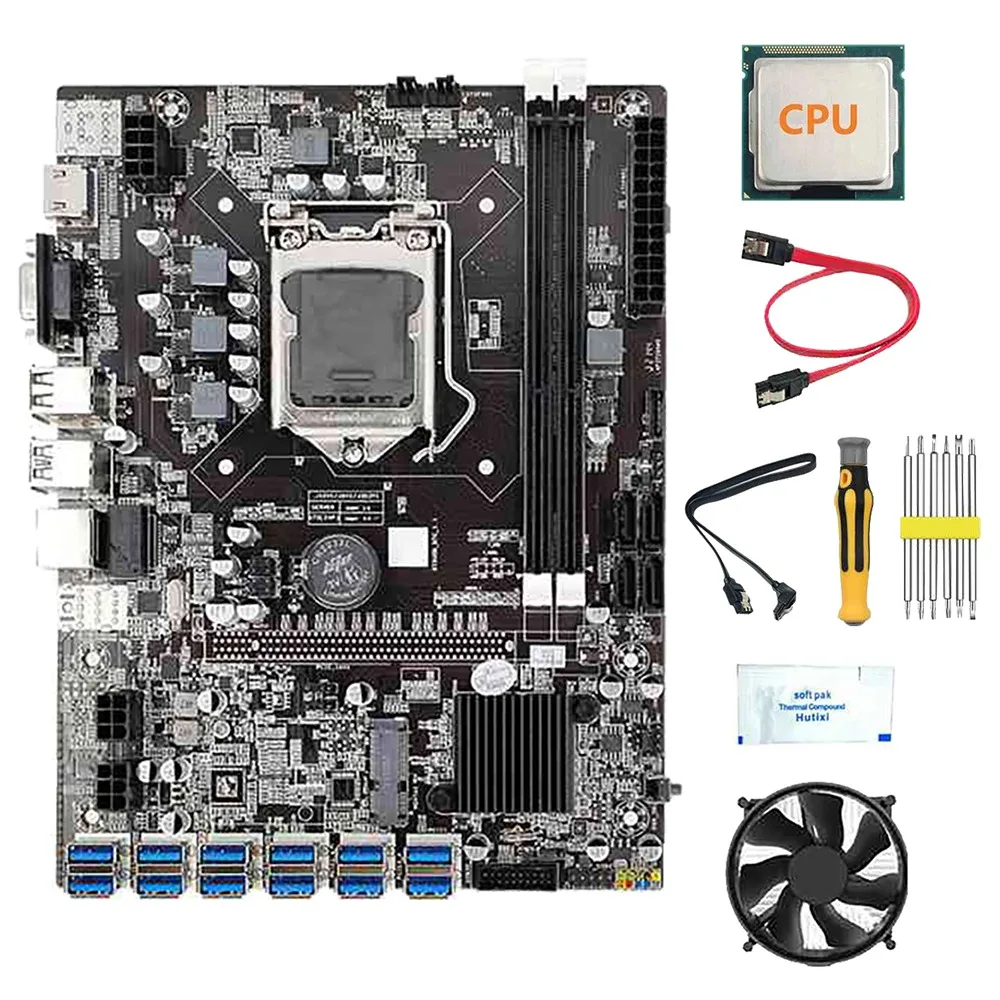 

12 USB3.0 B75 BTC Mining Motherboard with Random CPU+Fan+Thermal Paste+Screwdriver+2 SATA Cable LGA1155 DDR3 RAM SATA3.0