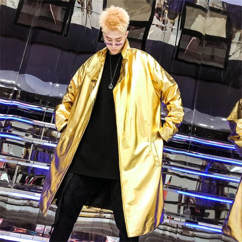 Shiny reflective trench coat men and women windbreaker concert jacket nightclub stage performance clothes gold silver fashion