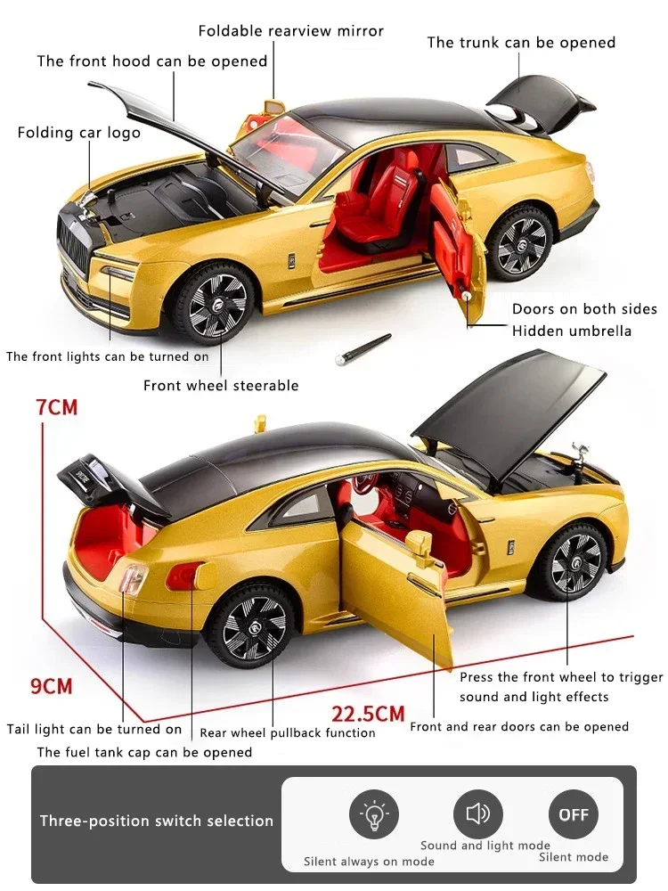 Новая 1:24 модель автомобиля из блестящего сплава Rolls-Royce имитация звука и света
