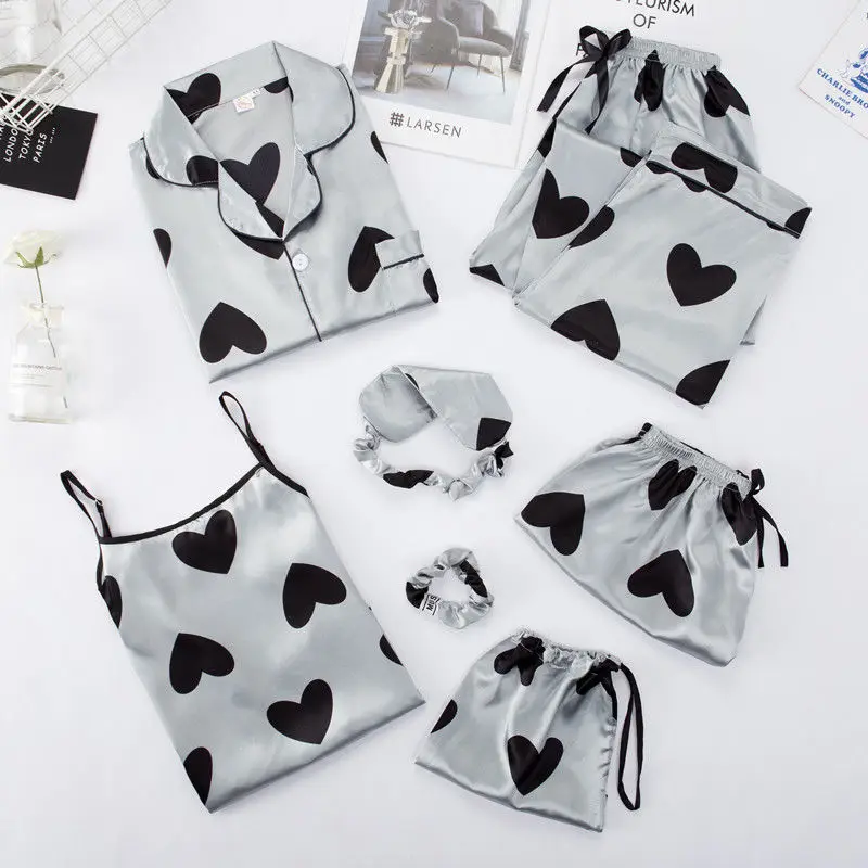 1 Ice silk pajamas women seven suit long sleeve in the spring and autumn seasons general simulation silk summer sexy thin model