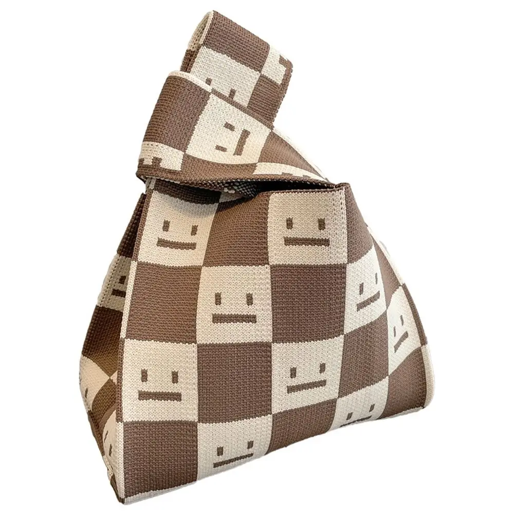 

Lipstick Bag Lattice Smiling Face Cosmetic Bag Stripe Small Knot Knitted Bag Plaid Wrist Bag Mini Ins Handbag Women Tote Bag