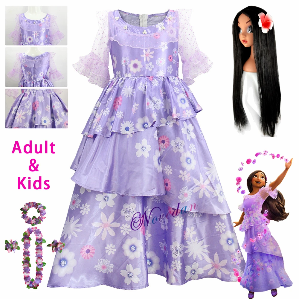 

Isabella Cosplay Encanto Costume Adult Women Isabella Dress Flower Girls Dress Wig Halloween Madrigal Party Kid Princess Costume