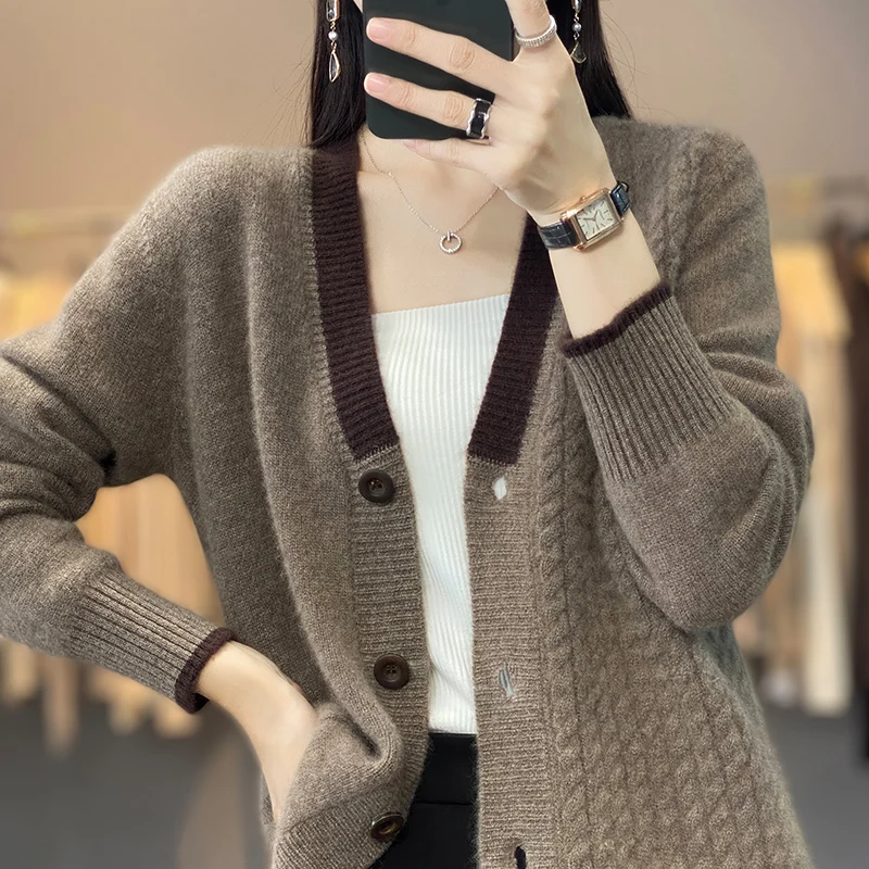 Autumn and Winter New 100% Pure Wool Cardigan Women's V-neck Color Matching Loose Cashmere Sweater Thickened Sweater