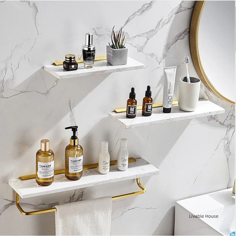 

Luxury Golden Metal Towel Rack White Marble Bathroom Storage Shelf Wall Bathroom Mirror Front Cosmetic Storage Rack Metal Shelf