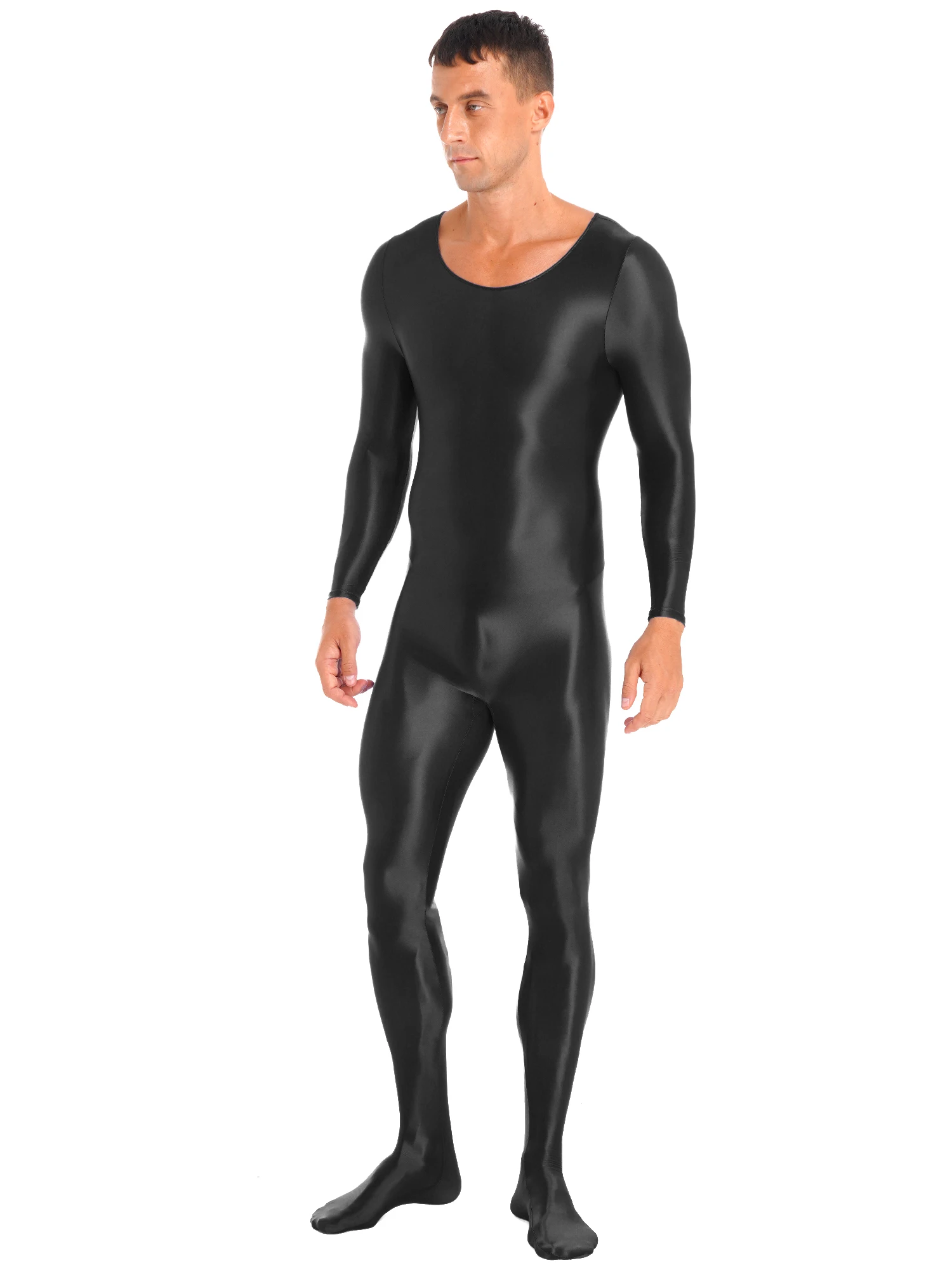 Mens Bodystocking Underwear Smooth Long Sleeve Solid Color Round Neck Bodysuit Pantyhose Nightwear Yoga Sports Fitness Tights