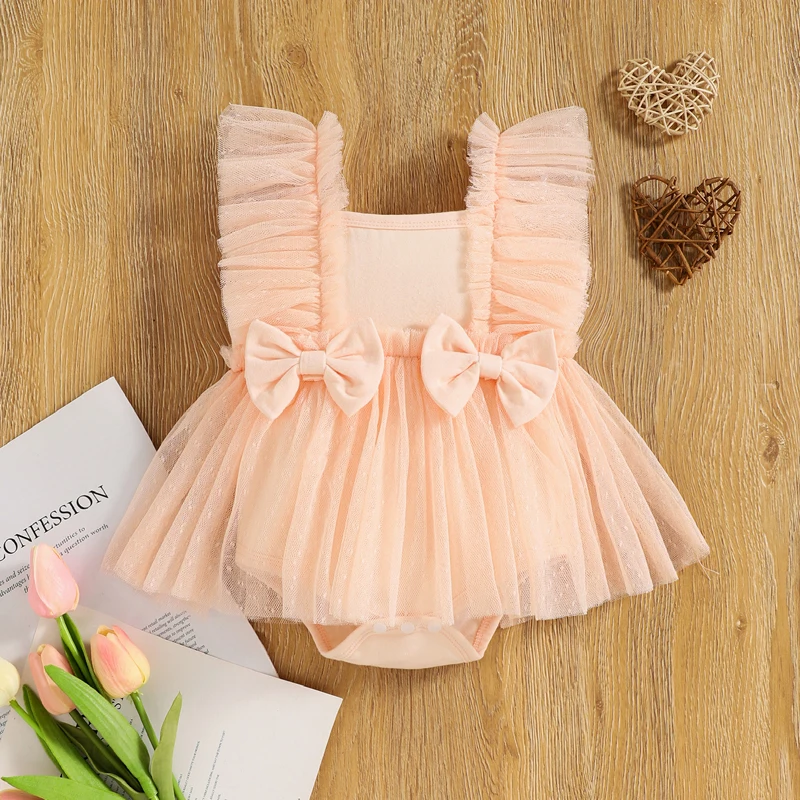 

Summer Baby Girls Mesh Bodysuit Solid Sleeveless Square Neck Bowknot Party Princess Tulle Dress Romper