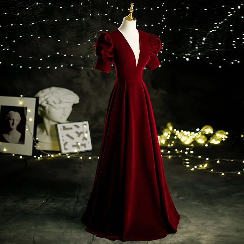 O168 Winter Autumn Velvet Velour V-neck Evening Dresses Burgundy Long Backless Prom Floor Length Dress Party Gown