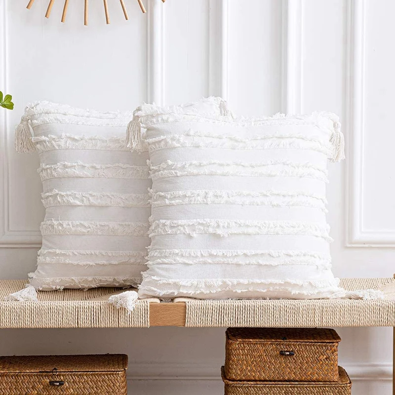 

18x18 дюймов наволочки для диванных подушек: 2 упаковки в богемном стиле полосатые хлопковые льняные квадратные декоративные наволочки с кисточками белые
