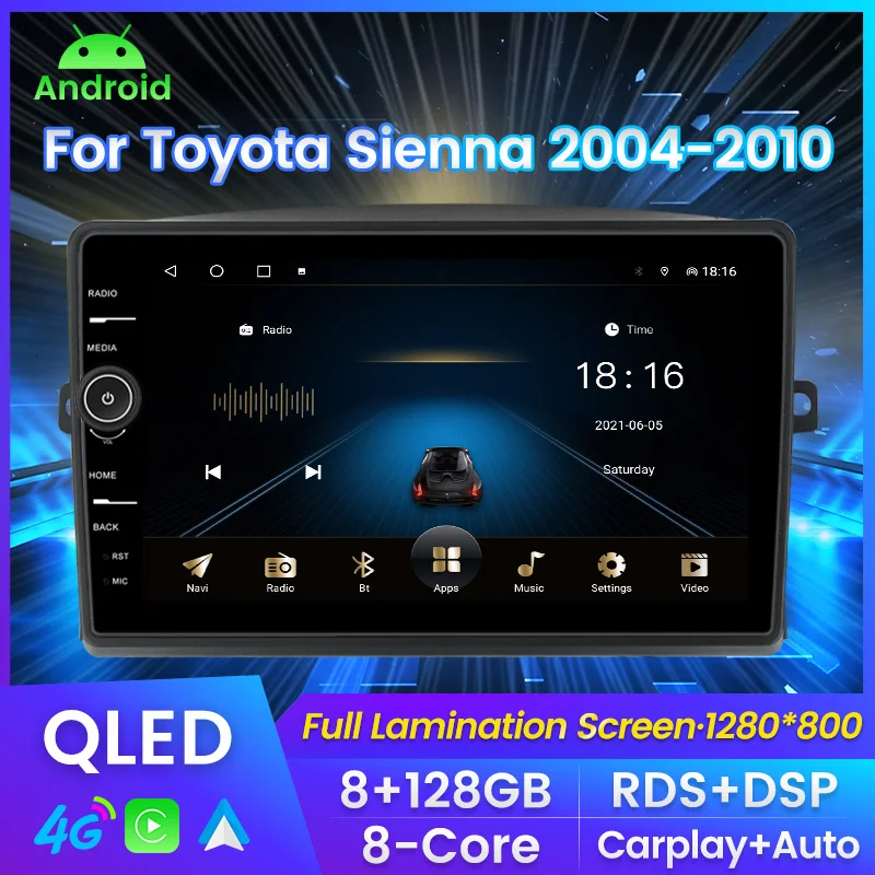 

MLOVELIN 9 ”8-ядерный Android 11 1280*800P QLED автомобильный радиоприемник мультимедиа Toyota Sienna 2004-2010 8G + 128G Carplay Авто GPS SWC 2din без dvd