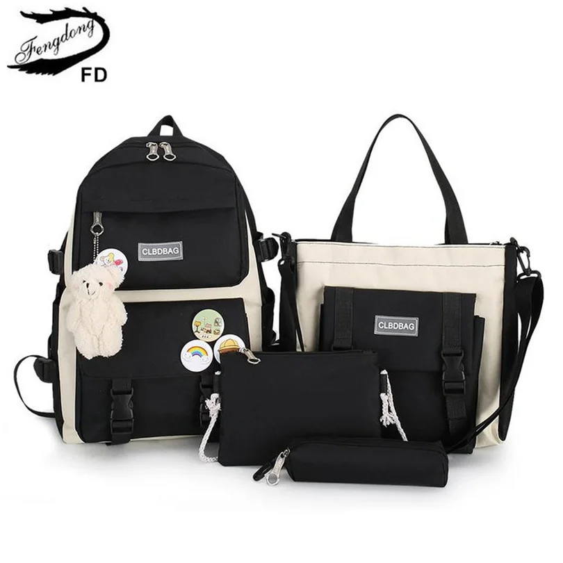 

Fengdong 5pcs/set school backpack for girls cute plush bear handbag pencil bag women school bag college student laptop backpack