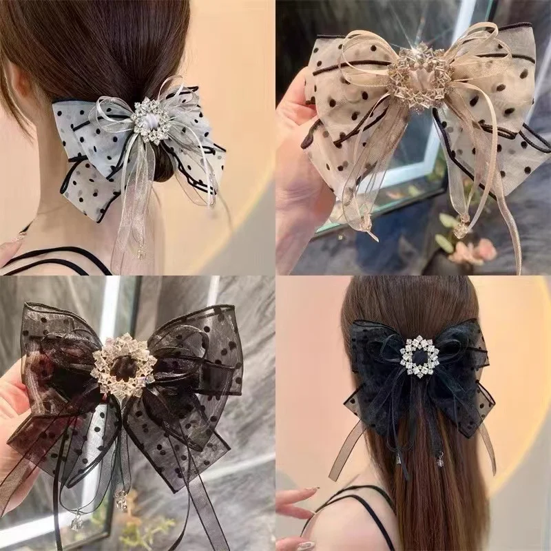 

AISHG Polka Dot Bowknot Hairpins Graceful Women Lace Hair Clip Ponytail Spring Large Rhinestone Decoration Girl Hair Accessories