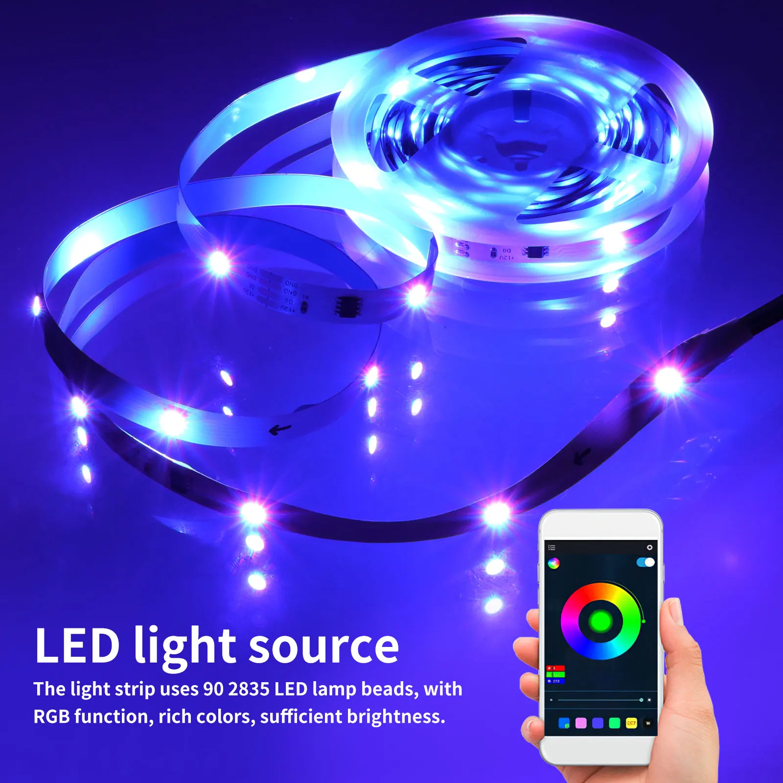 

5m LED Strip Lights RGB APP Control Color Changing Light Timing Function US Plug Lamp Belt Decorative Home Outdoor Party 14W