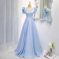 sky blue satin evening dress a line square collar puff sleeve bow beaded pearls backless floor length girl prom party gowns new