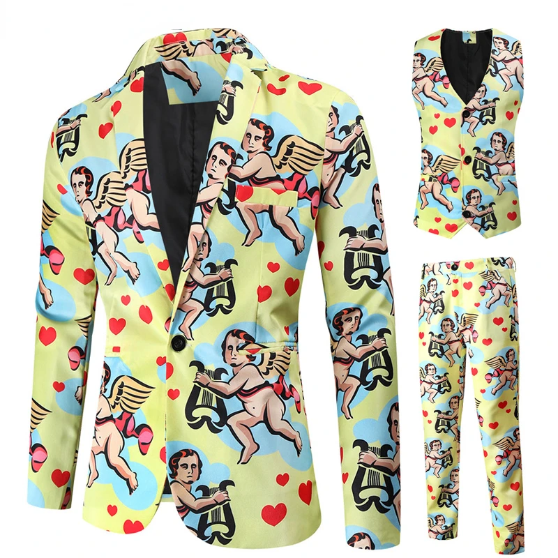 

Funny Cupid Printed Suit Set Men Party Stage Single-breasted Boutique Blazers 3 Piece Jacket + Vests + Trousers