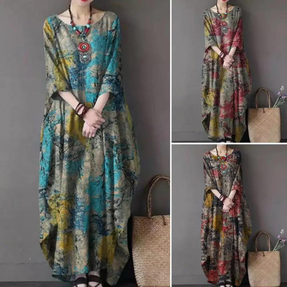 

Comfortable Maxi Dress Vintage-inspired Women's O-neck Maxi Dress Loose Fit 3/4 Sleeves Ankle Length Retro Print for Streetwear