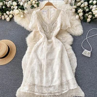 designer fashion long lace dress runway puff sleeve luxury pearl beading lace flower embroidery dresses elegant vintage party