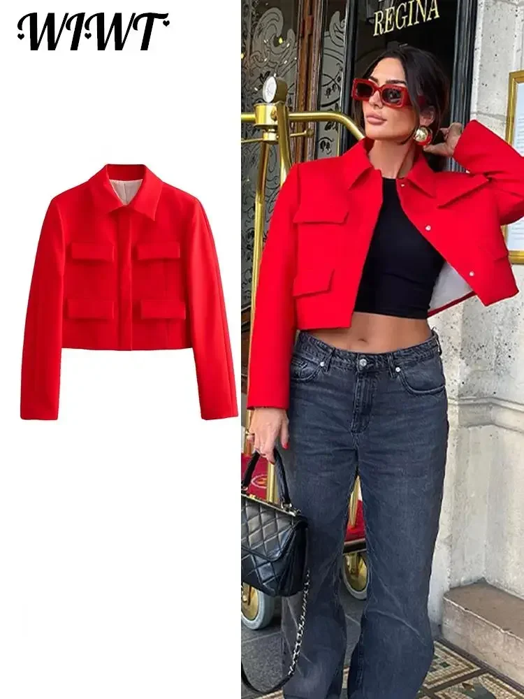 

Lapel Pocket Red Jacket Women 2023 Autumn Winter Long Sleeve Single-breasted Casual Short Coat Elegant Office Lady Commuter Tops