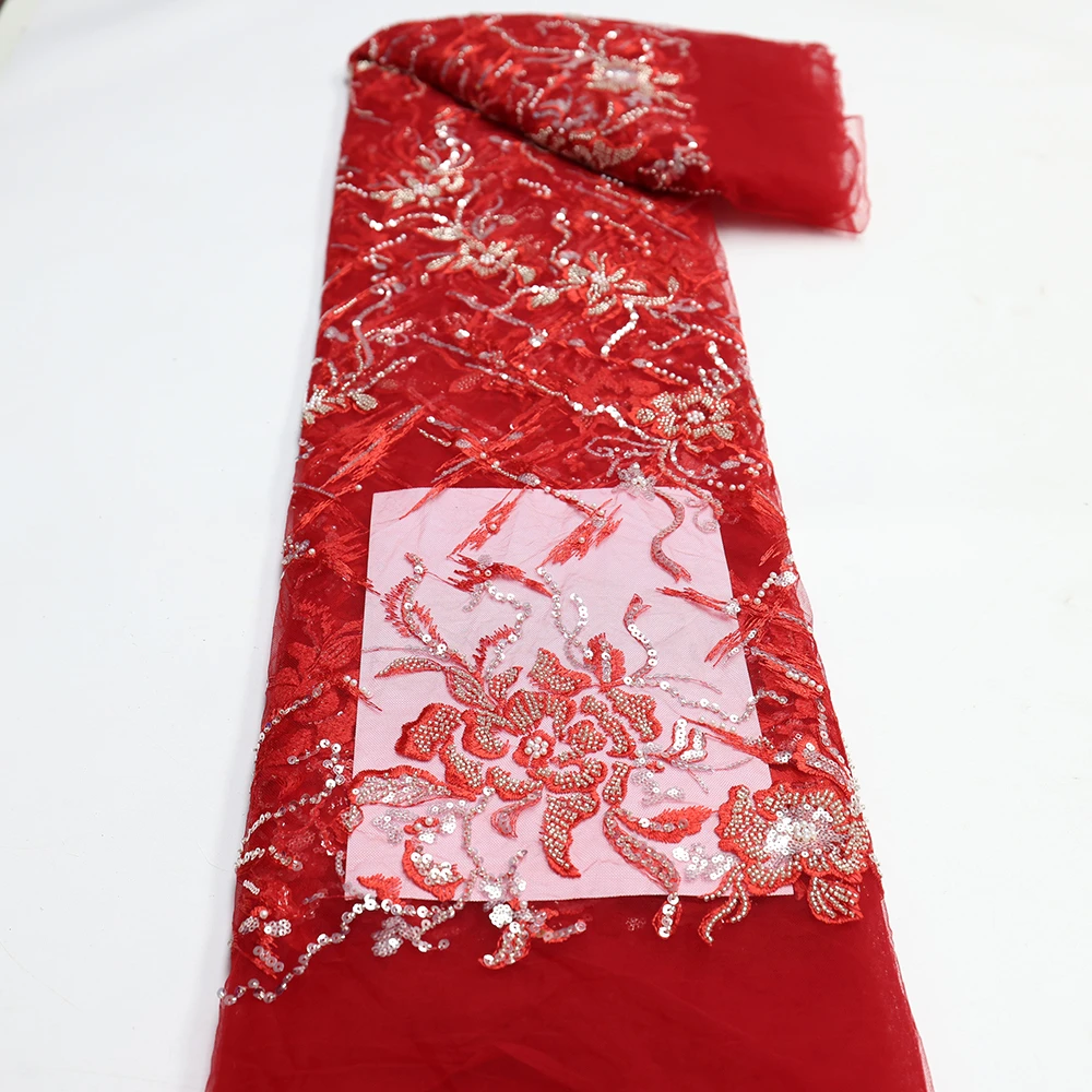 

African Sequins Lace Fabric 2022 5 Yards High Quality French Nigerian Beaded Lace Fabric For Sewing Dress Wedding Party LY1553