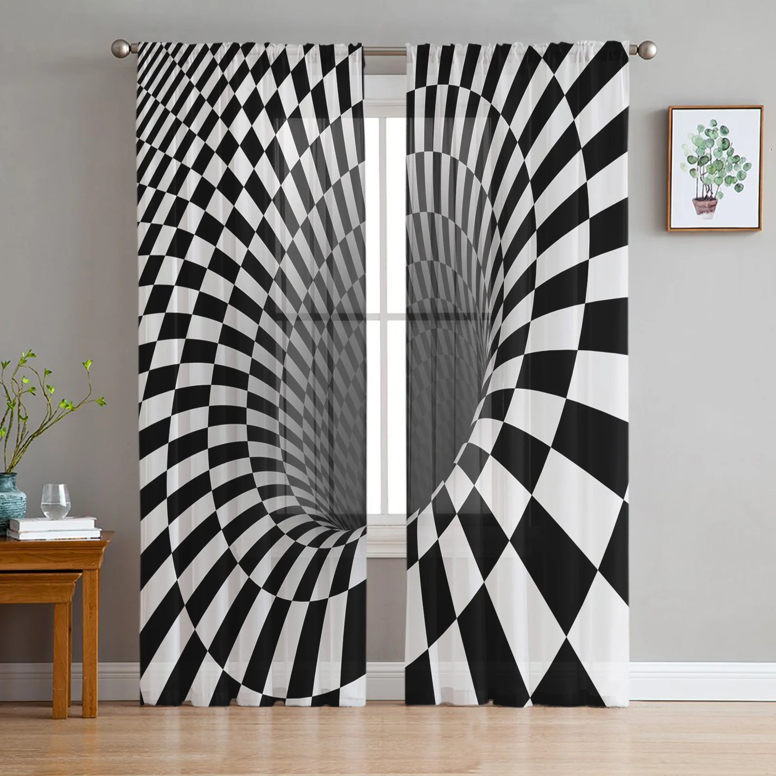 

Lattice Black And White 3-D Voile Tulle Curtains for Living Room Cafe Home Decor Window Drapes Bedroom Balcony Chiffon Curtain
